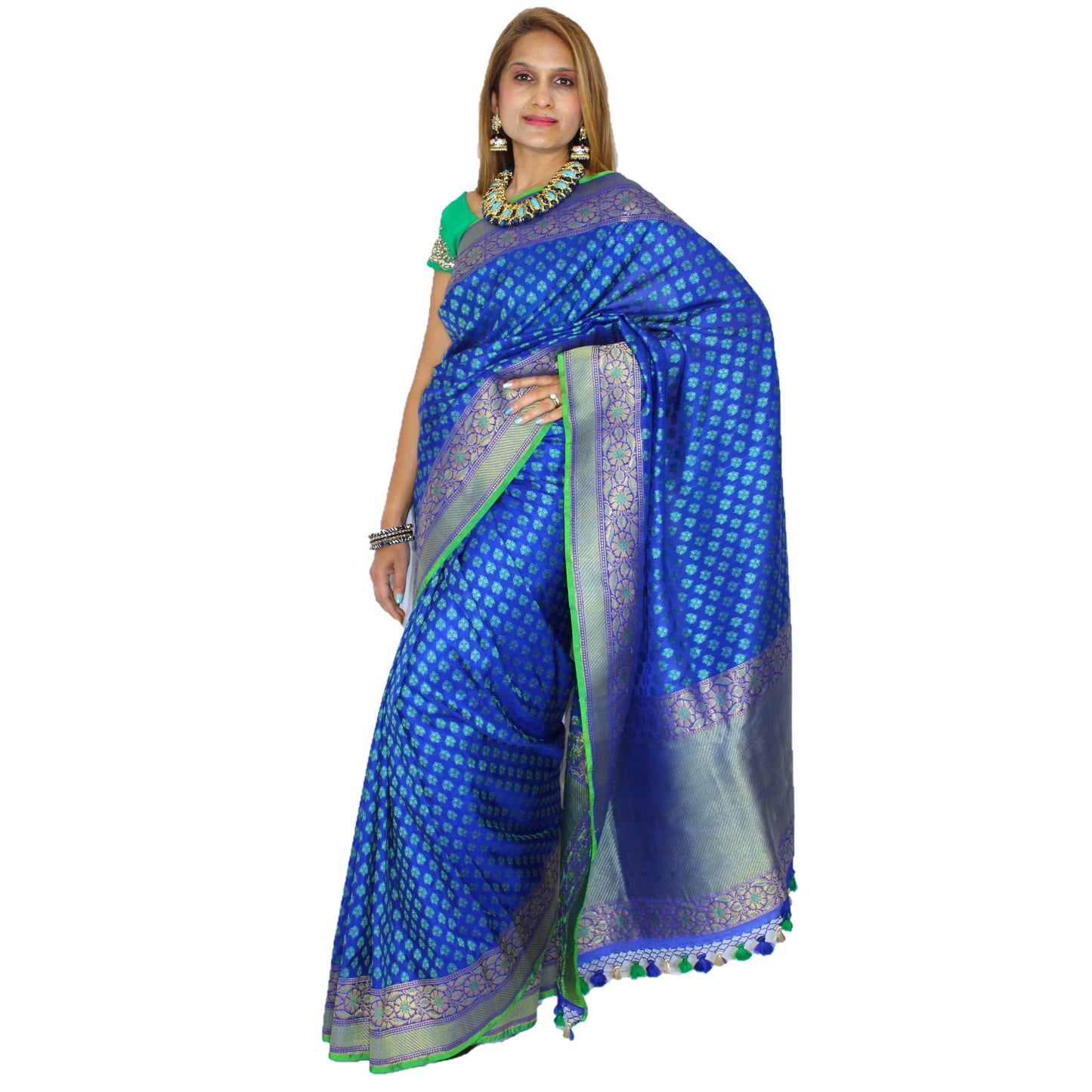 Maharani's Pure Banarasi Silk Saree - Blue with Green Border (with stitched Blouse and Petticoat)