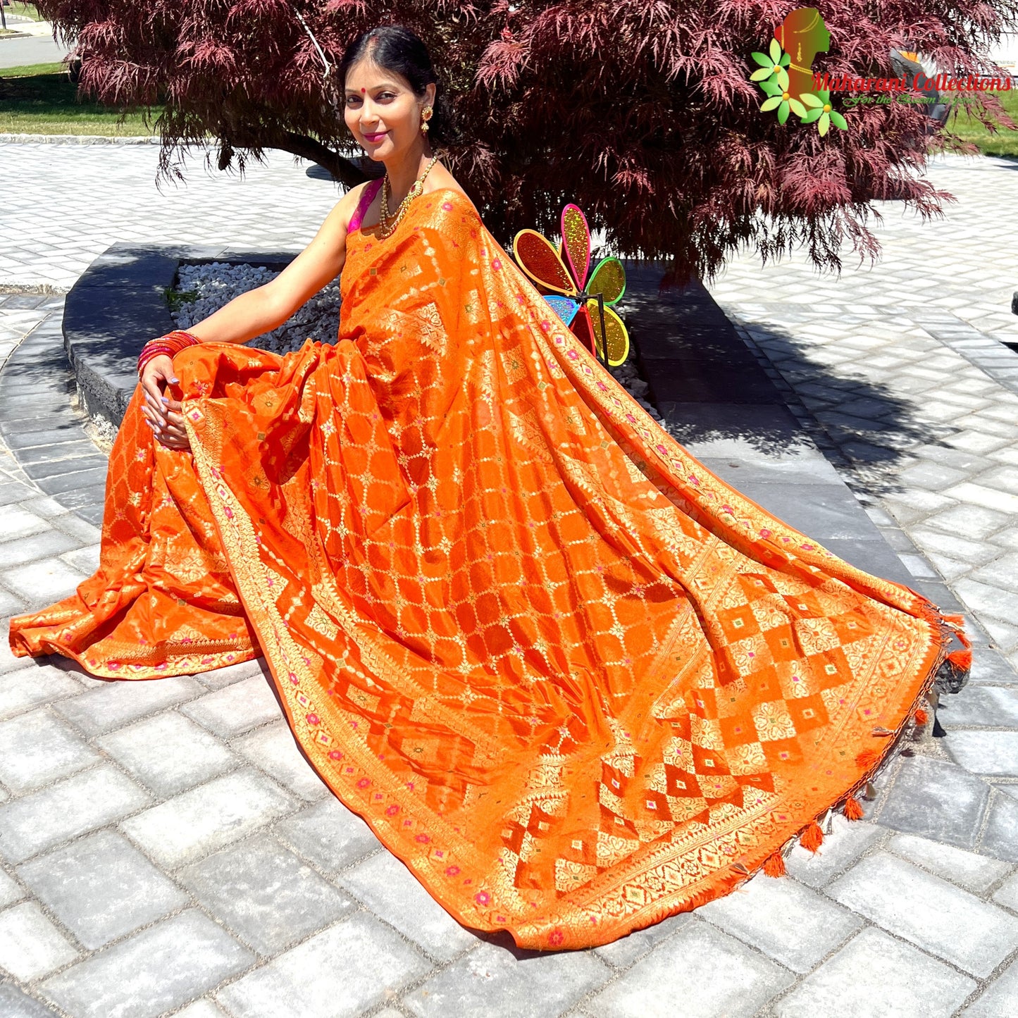 Maharani's Pure Tussar Silk Saree (Silk Mark) - Orange (with Stitched Blouse & Petticoat)