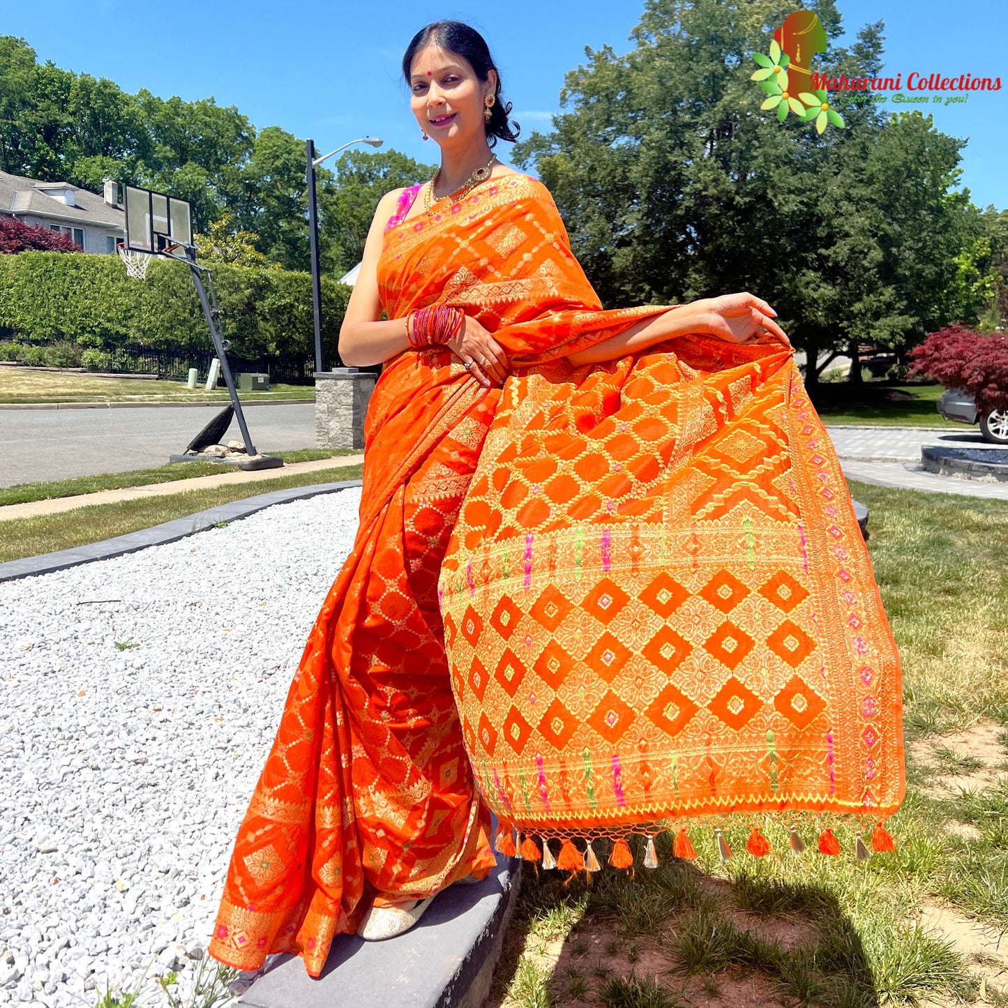 Maharani's Pure Tussar Silk Saree (Silk Mark) - Orange (with Stitched Blouse & Petticoat)