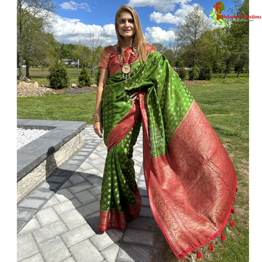 Maharani's Pure Tussar Silk Saree (Silk Mark) - Green (with Stitched Blouse & Petticoat)