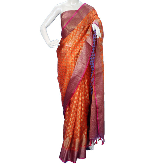 Pure Tussar Silk Saree - Orange with Zari and Buta Work