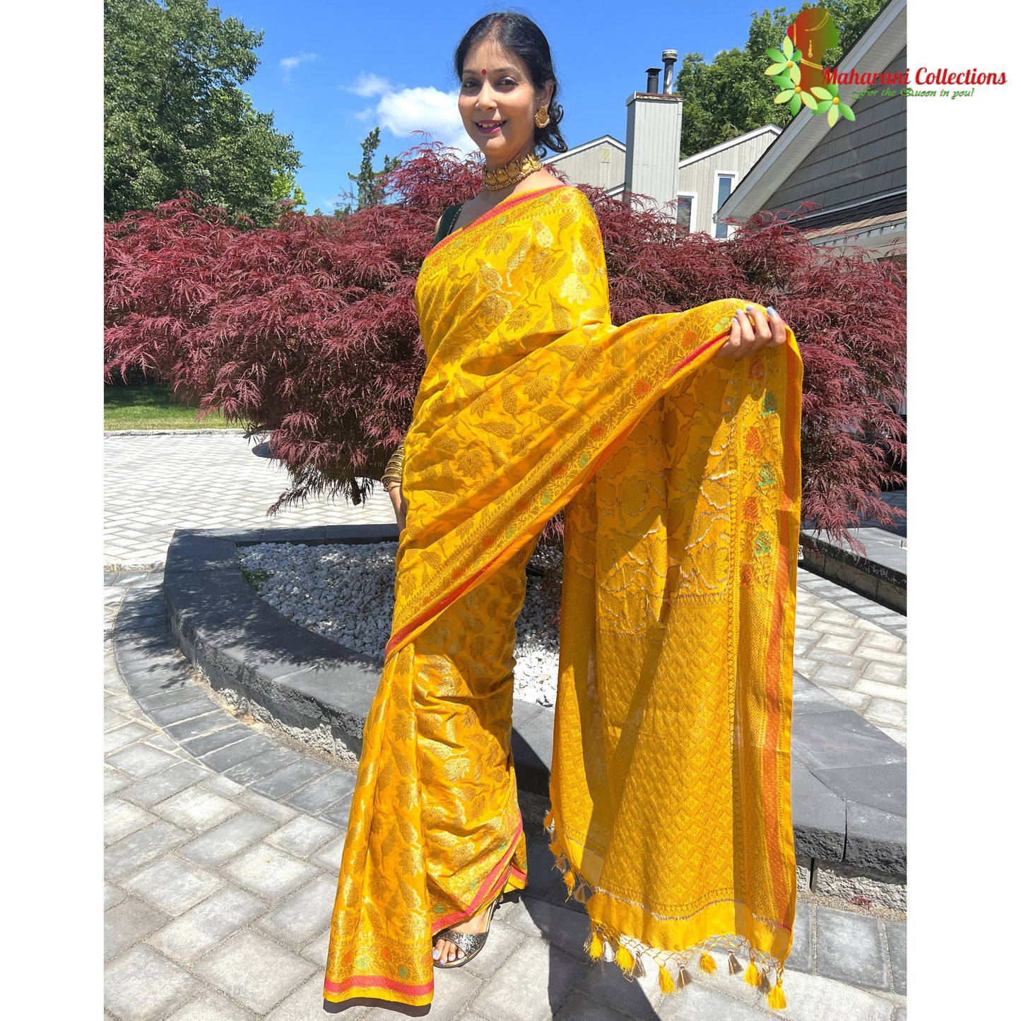 Maharani's Pure Tussar Silk Saree (Silk Mark) - Mustard Yellow (with Stitched Blouse & Petticoat)