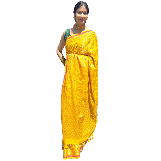 Maharani's Pure Tussar Silk Saree (Silk Mark) - Mustard Yellow (with Stitched Blouse & Petticoat)