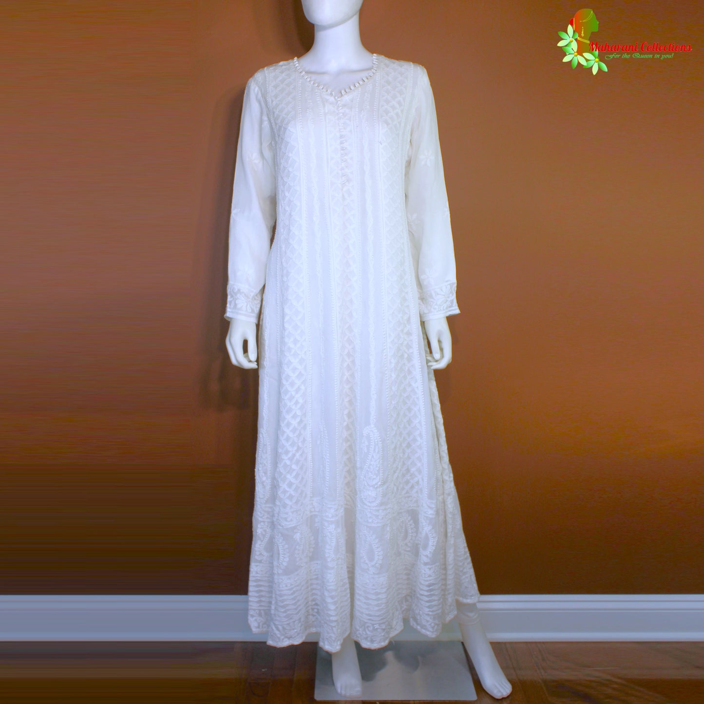 Maharani's Lucknowi Chikankari Anarkali Suit - White (L) - Pure Georgette