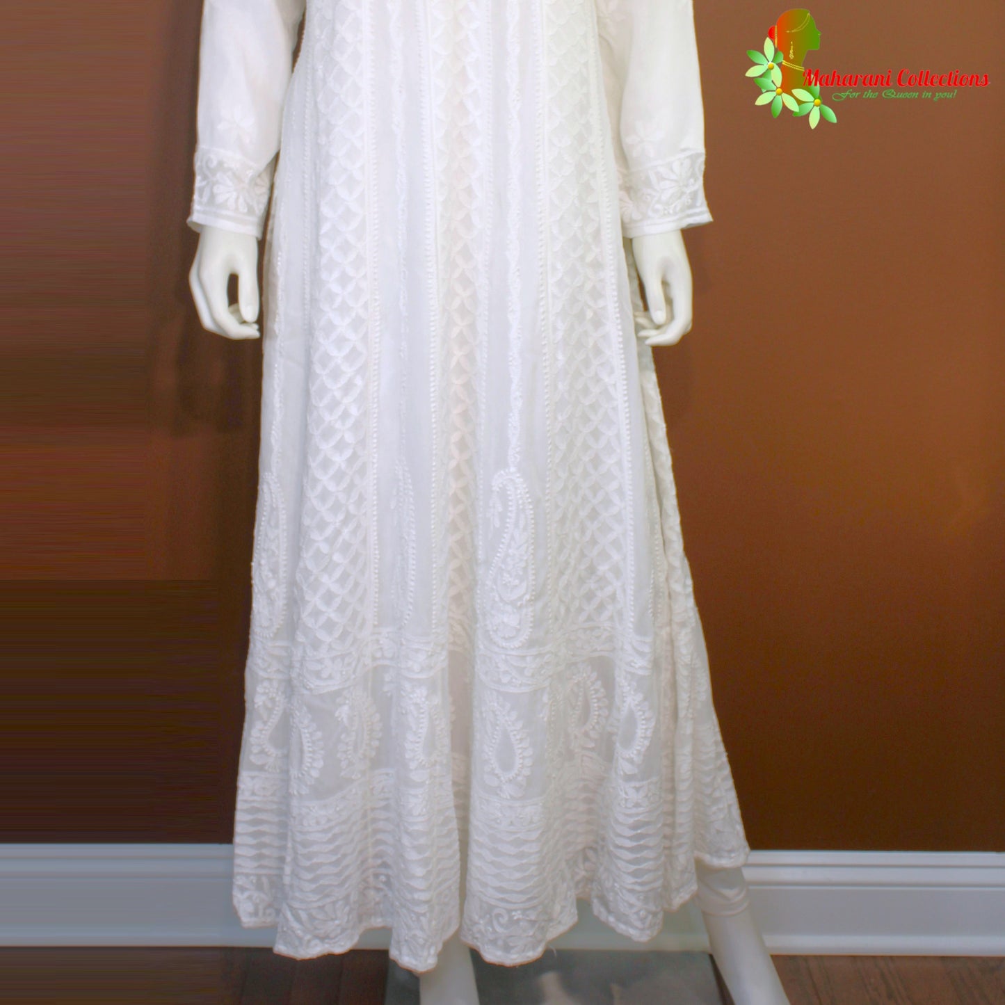Maharani's Lucknowi Chikankari Anarkali Suit - White (L) - Pure Georgette