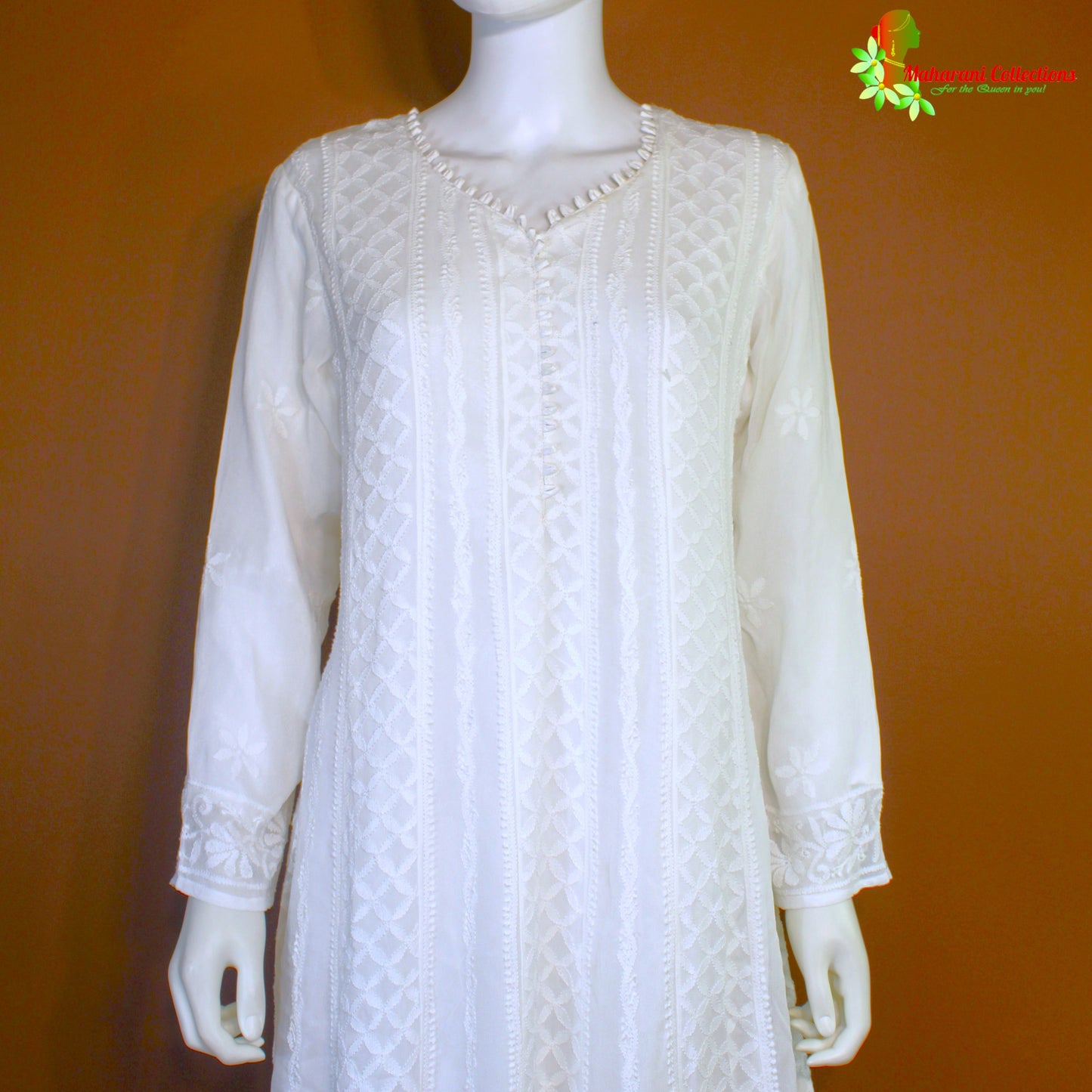 Maharani's Lucknowi Chikankari Anarkali Suit - White (L) - Pure Georgette