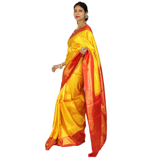 Maharani's Pure Handloom Kanjivaram Silk Saree - Mustard Yellow with Golden Zari and Boota Work