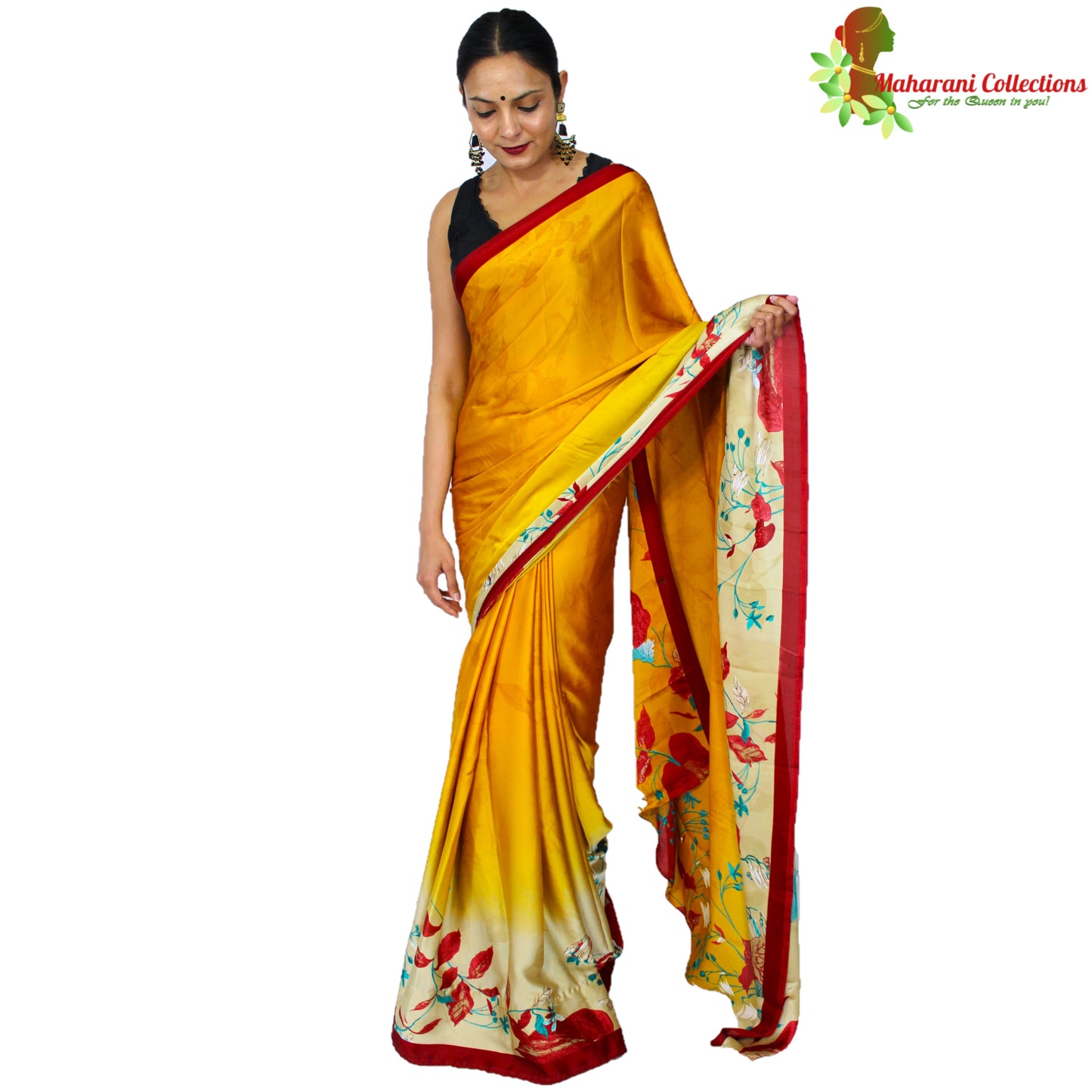 Maharani's Simple Elegance Satin Silk Saree - Yellow and Red