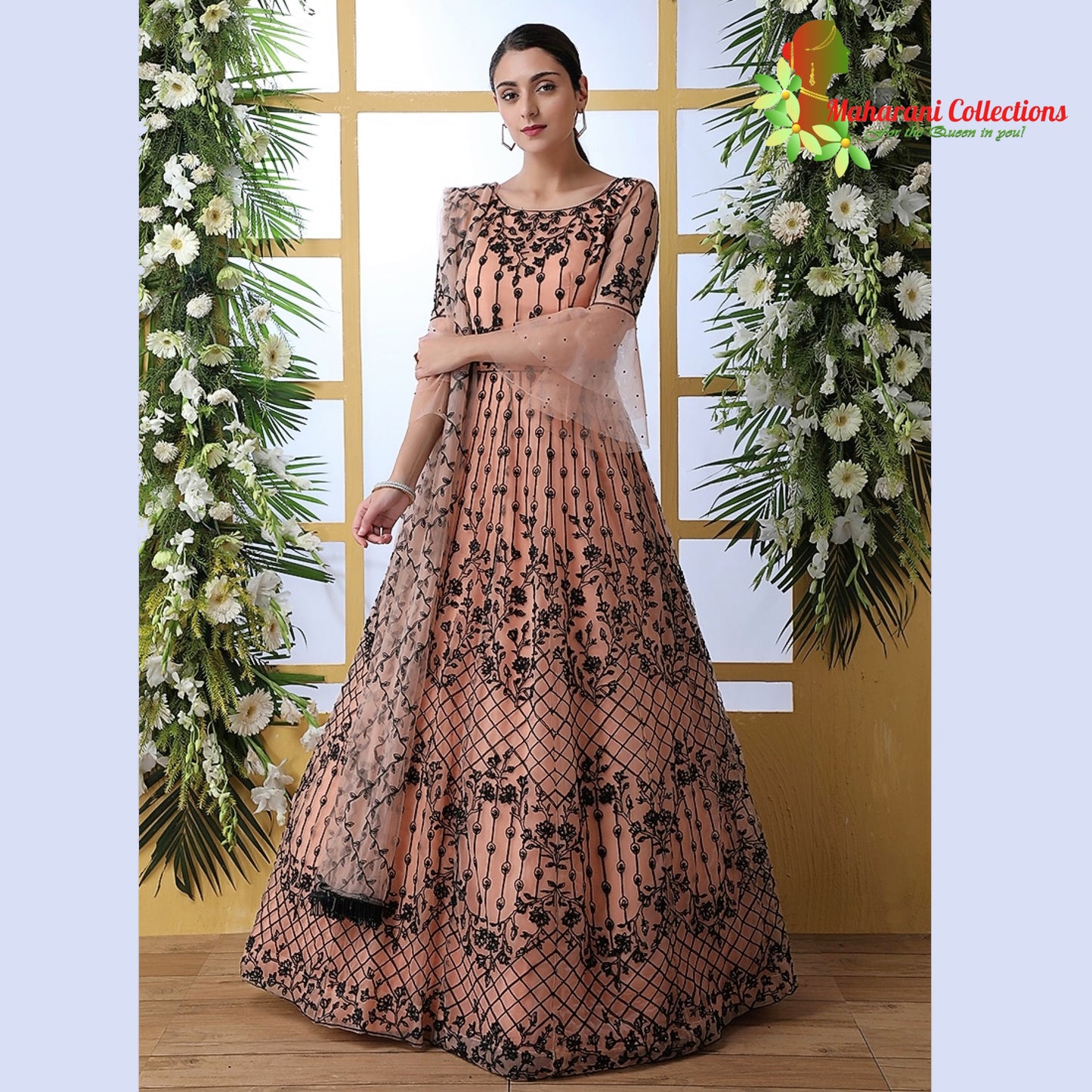 Maharani's Designer Gala Gown - Peach and Black with Exquisite Thread Work