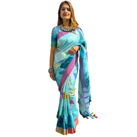 Maharani's Simple Elegance Matka Silk Saree - Blue/Green (with stitched blouse and petticoat)