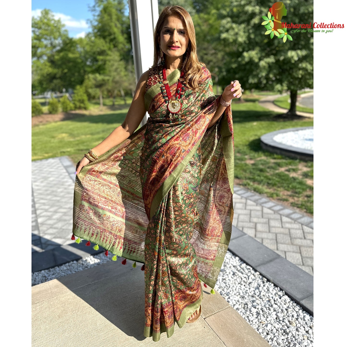 Maharani's Simple Elegance Matka Silk Saree - Green Floral (with stitched blouse and petticoat)