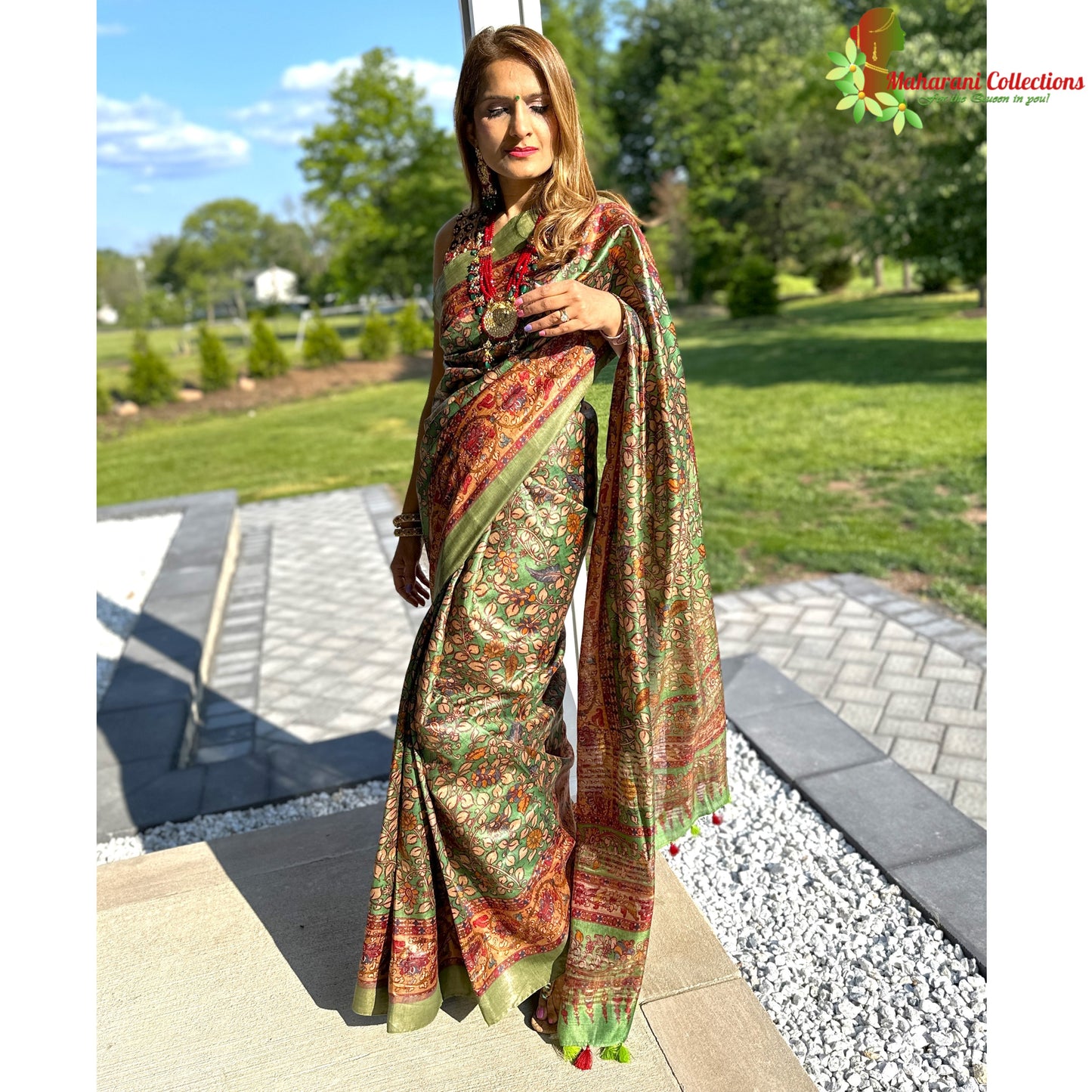 Maharani's Simple Elegance Matka Silk Saree - Green Floral (with stitched blouse and petticoat)