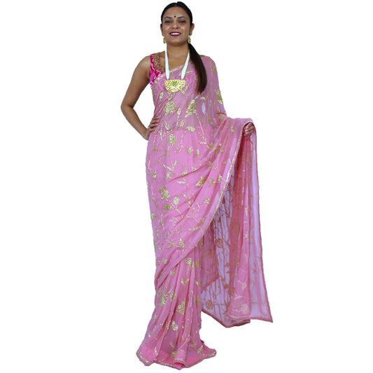 Maharani's Designer Party Wear Georgette Saree - Peach (with Stitched Petticoat)