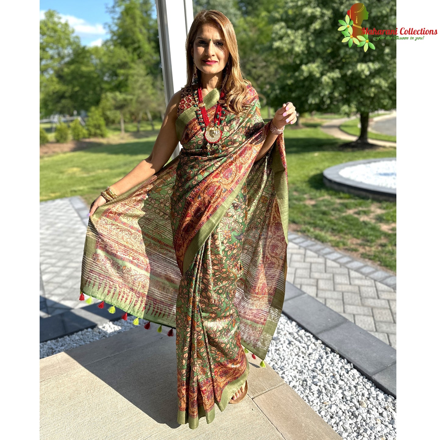 Maharani's Simple Elegance Matka Silk Saree - Green Floral (with stitched blouse and petticoat)