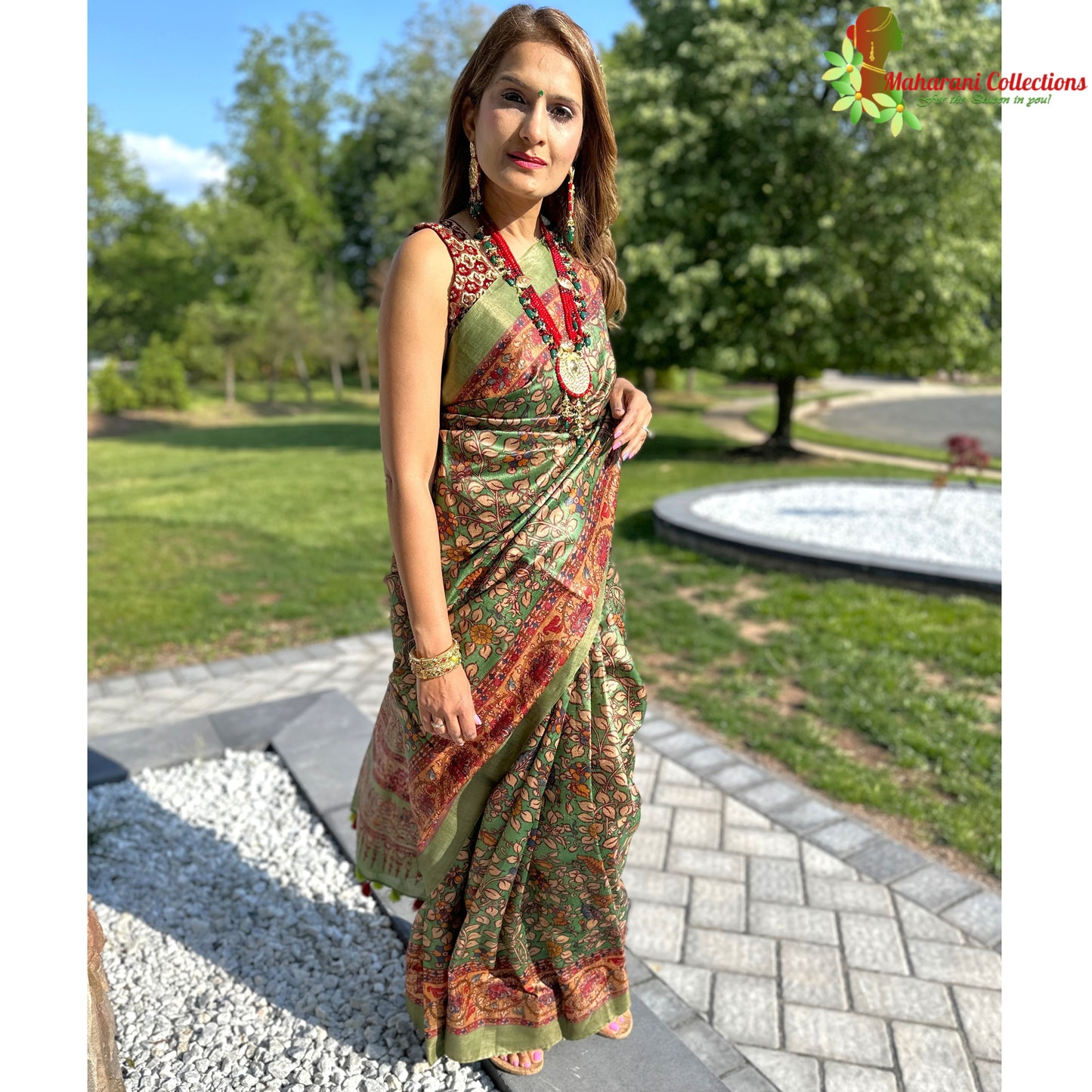 Maharani's Simple Elegance Matka Silk Saree - Green Floral (with stitched blouse and petticoat)