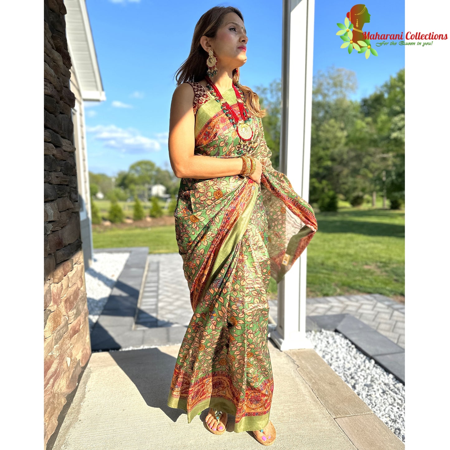 Maharani's Simple Elegance Matka Silk Saree - Green Floral (with stitched blouse and petticoat)