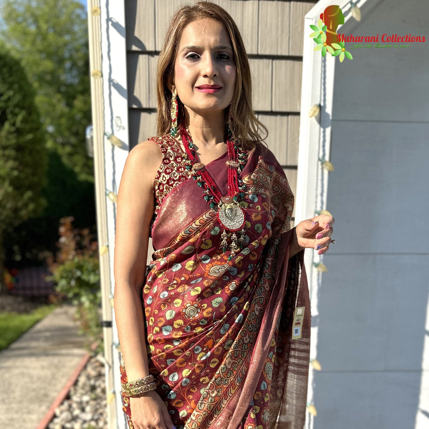 Maharani's Simple Elegance Matka Silk Saree - Maroon Floral (with stitched blouse and petticoat)