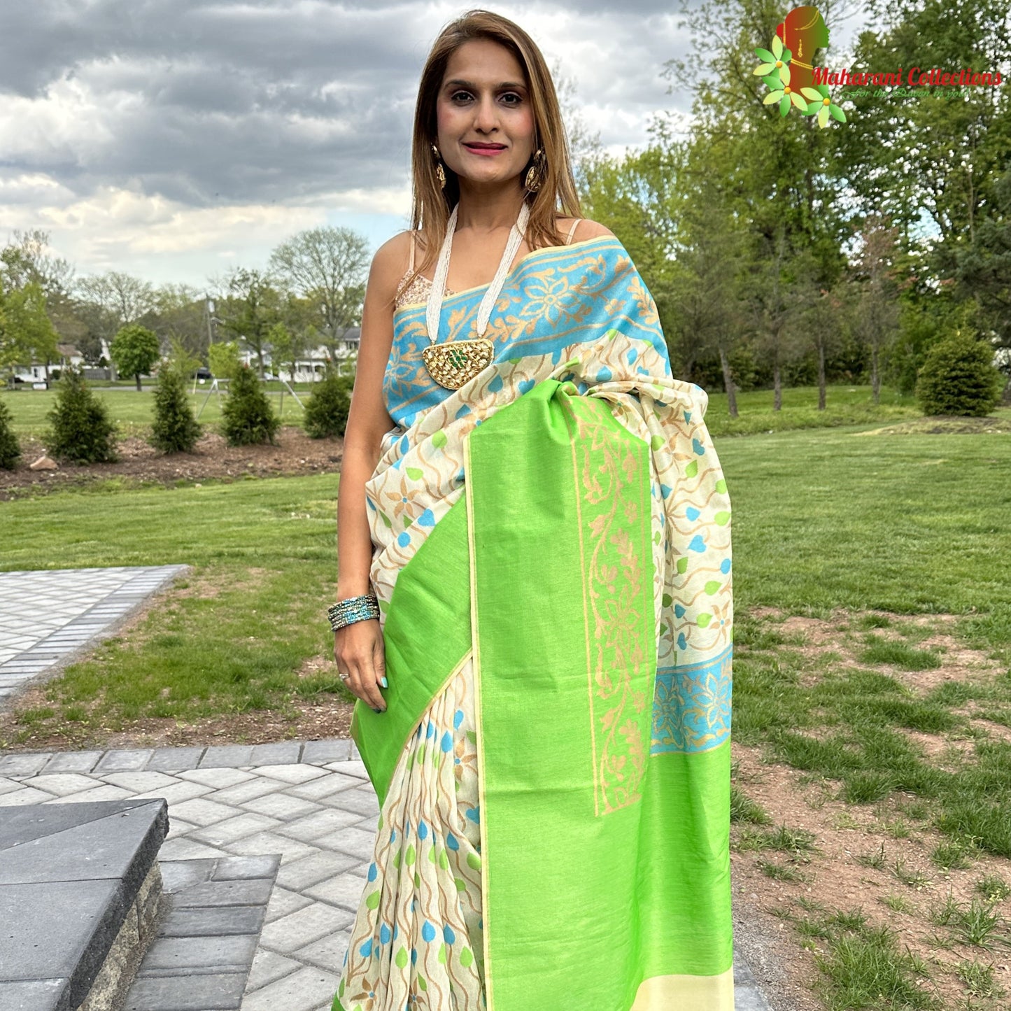 Maharani's Pure Banarasi Tissue Silk Saree - Green and Beige (with Stitched Blouse and Petticoat)