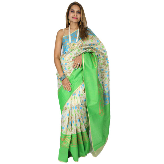 Maharani's Pure Banarasi Tissue Silk Saree - Green and Beige (with Stitched Blouse and Petticoat)