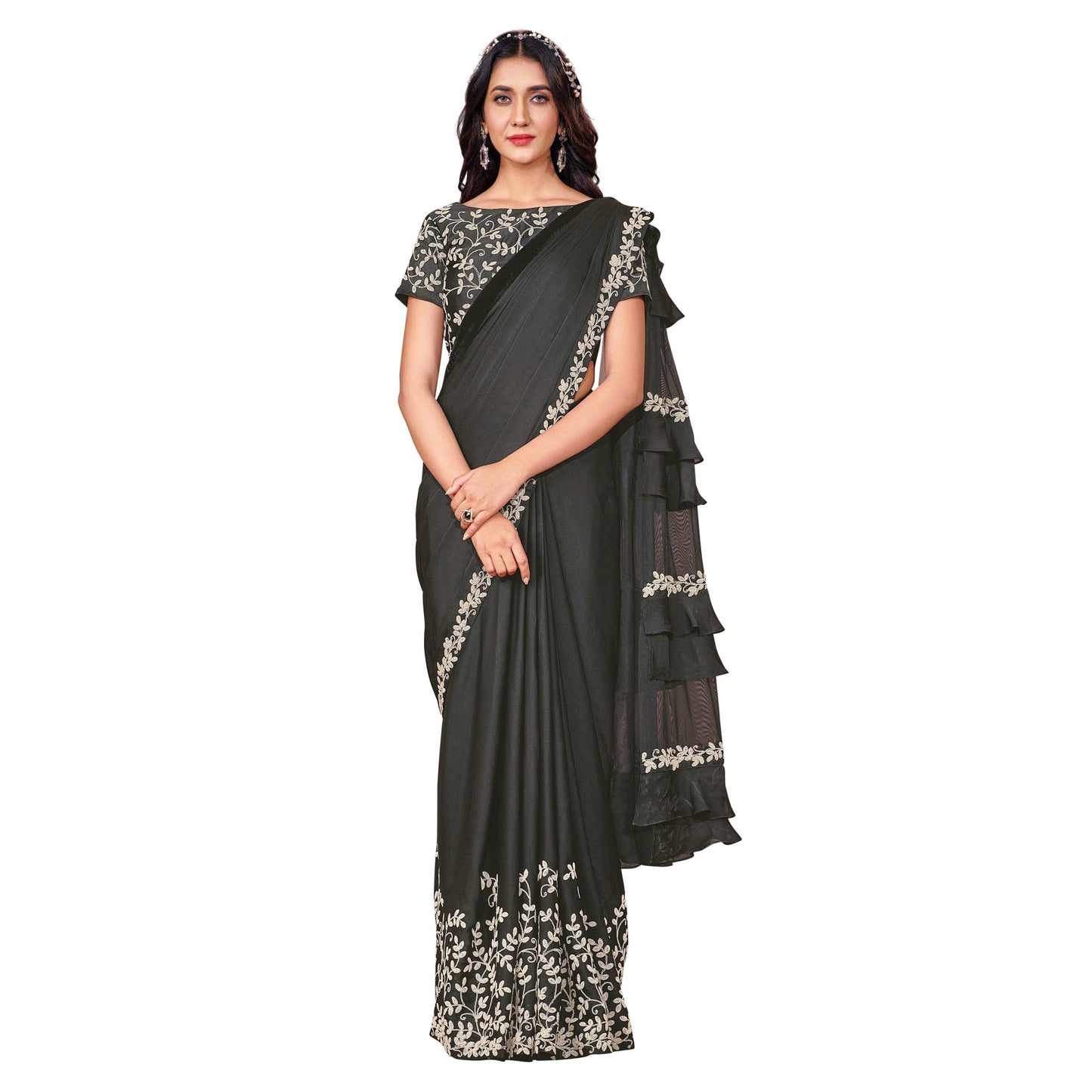 Maharani's Party Wear Stitched Designer Saree - Black (with stitched Blouse & Petticoat)