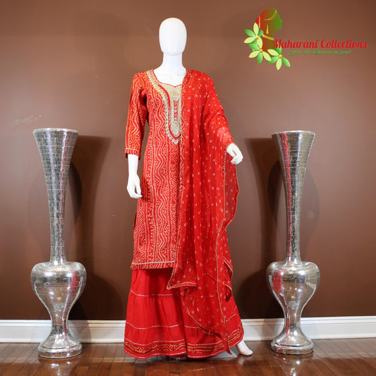 Maharani's Sharara Suit - Red (M) - Pure Muslin Silk