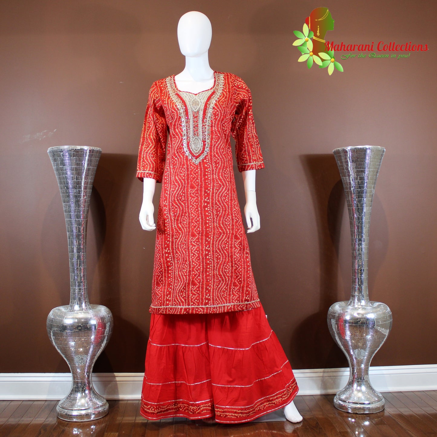 Maharani's Sharara Suit - Red (M) - Pure Muslin Silk