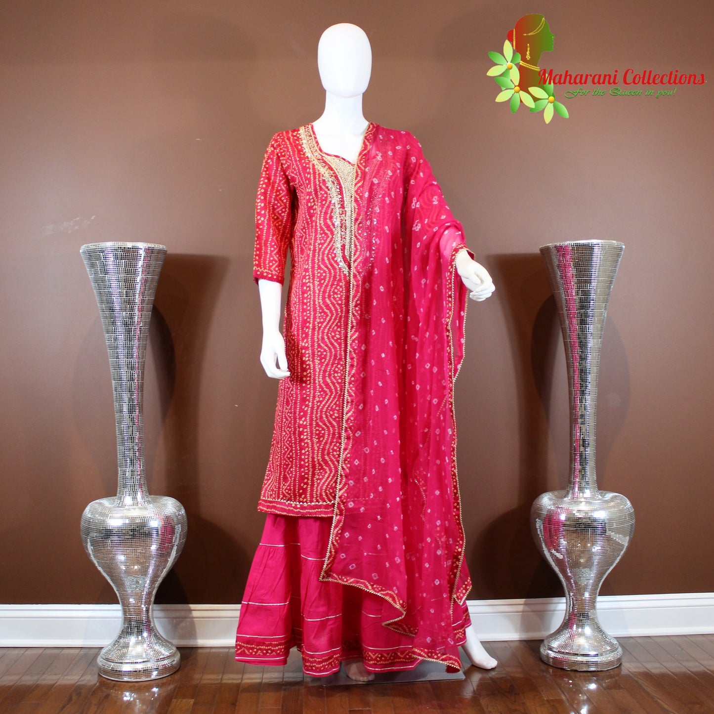 Maharani's Sharara Suit - Red (L) - Pure Muslin Silk