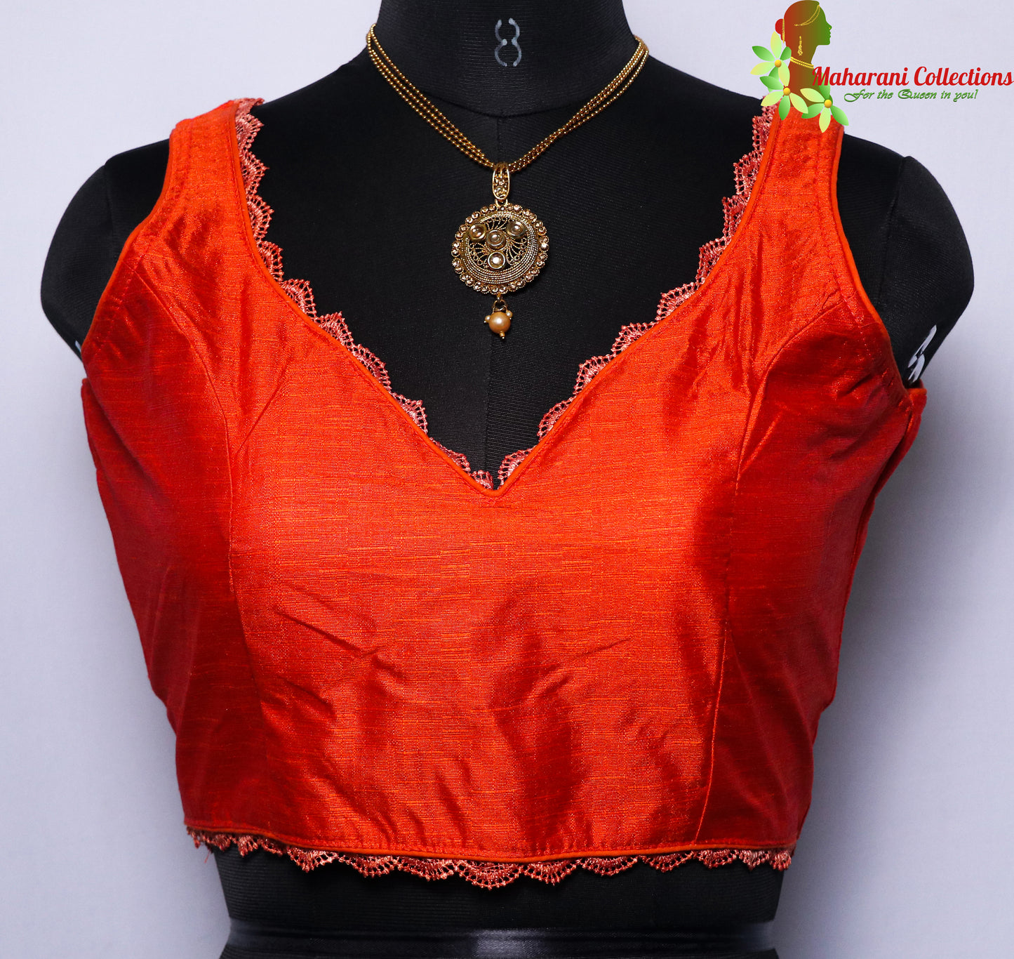 Maharani's Linen Silk Lace Blouse - Orange