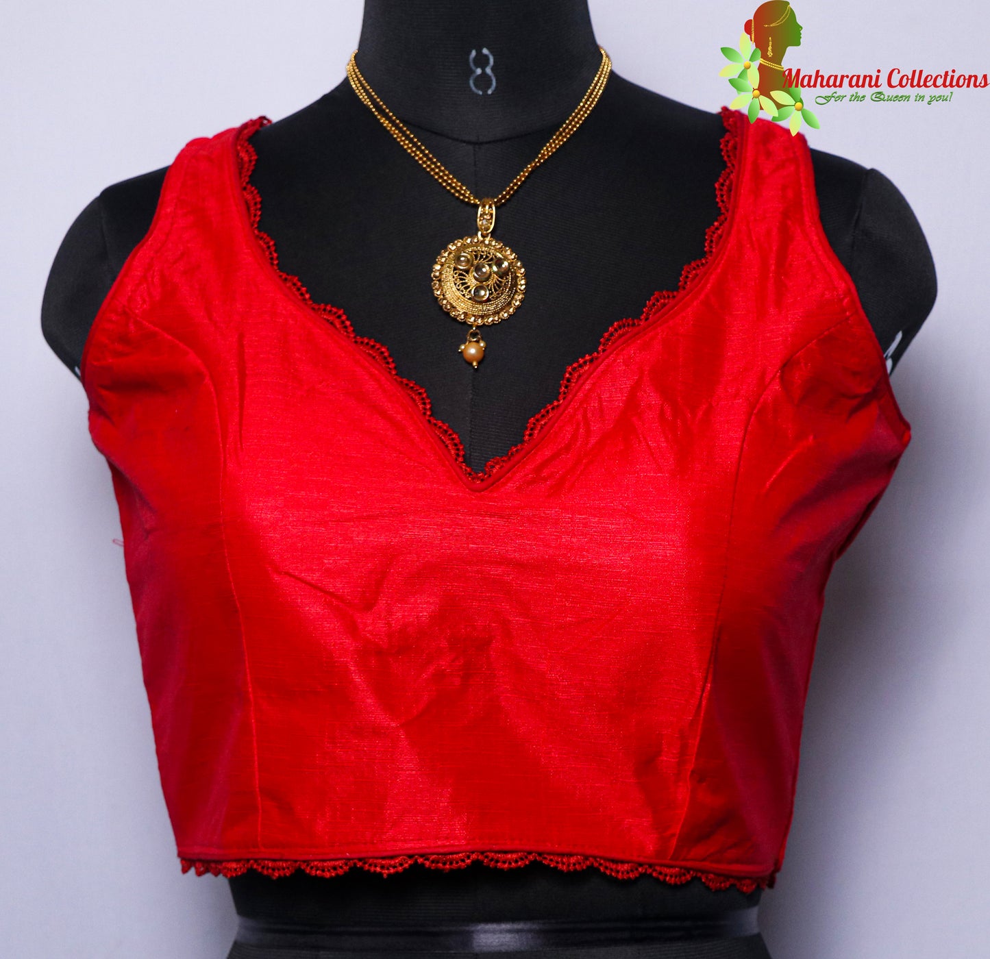 Maharani's Linen Silk Lace Blouse - Red