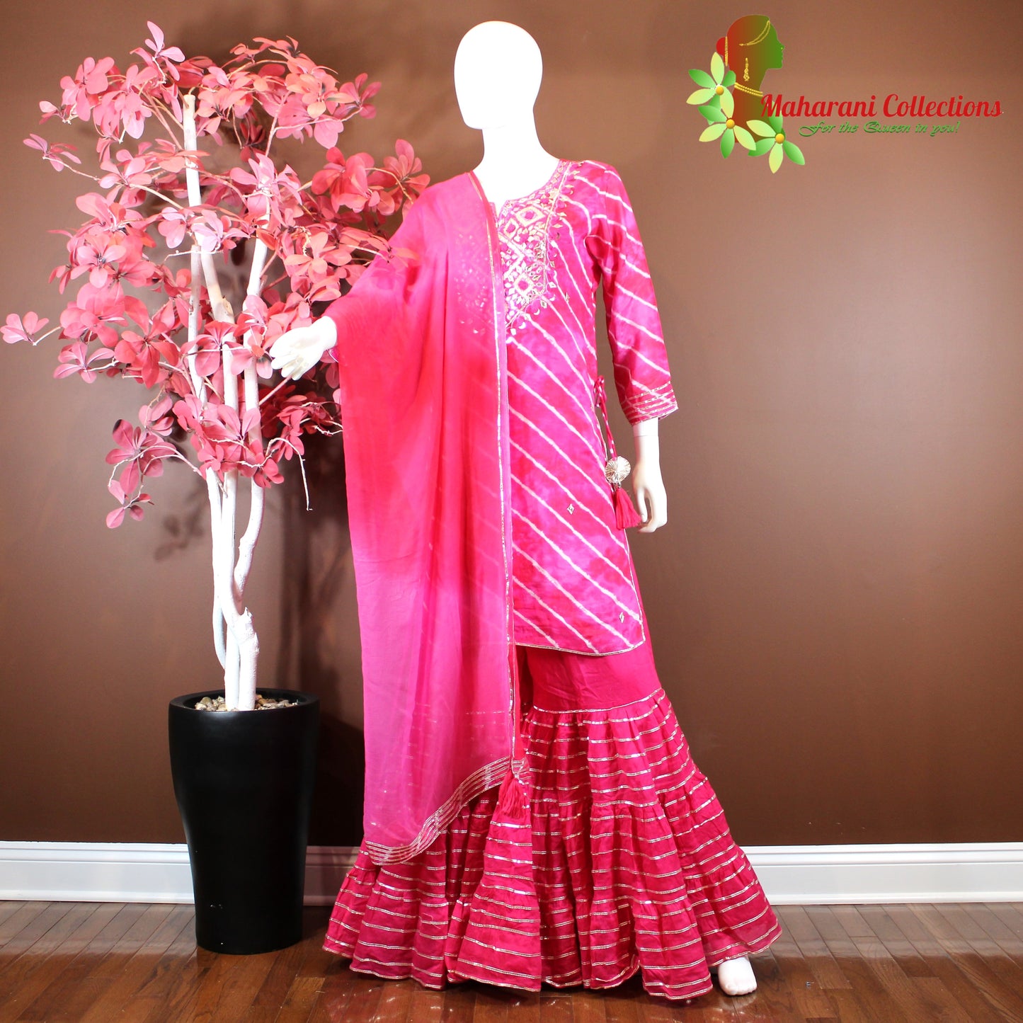 Maharani's Sharara Suit - Pink (L) - Pure Muslin Silk