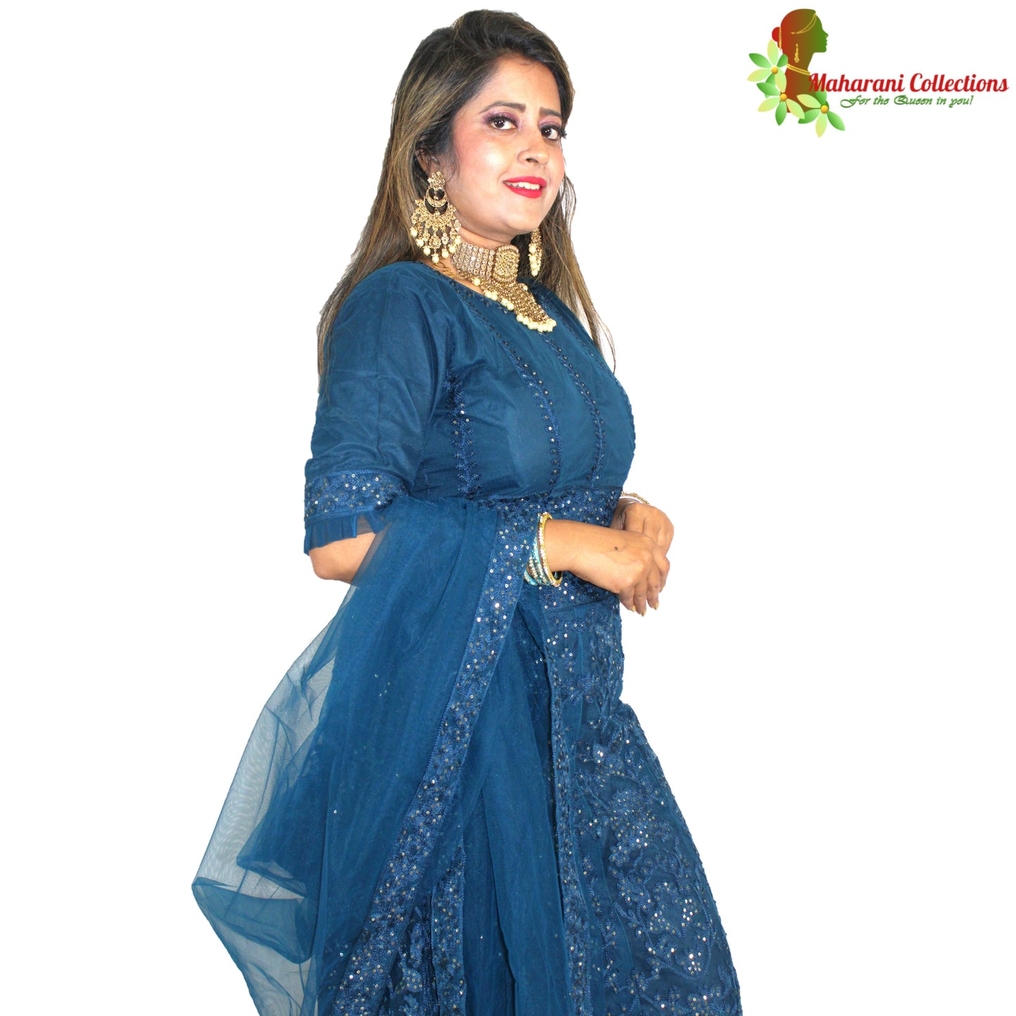 Maharani's Designer Silk & Net Lehenga - Turquoise Blue (M/L)