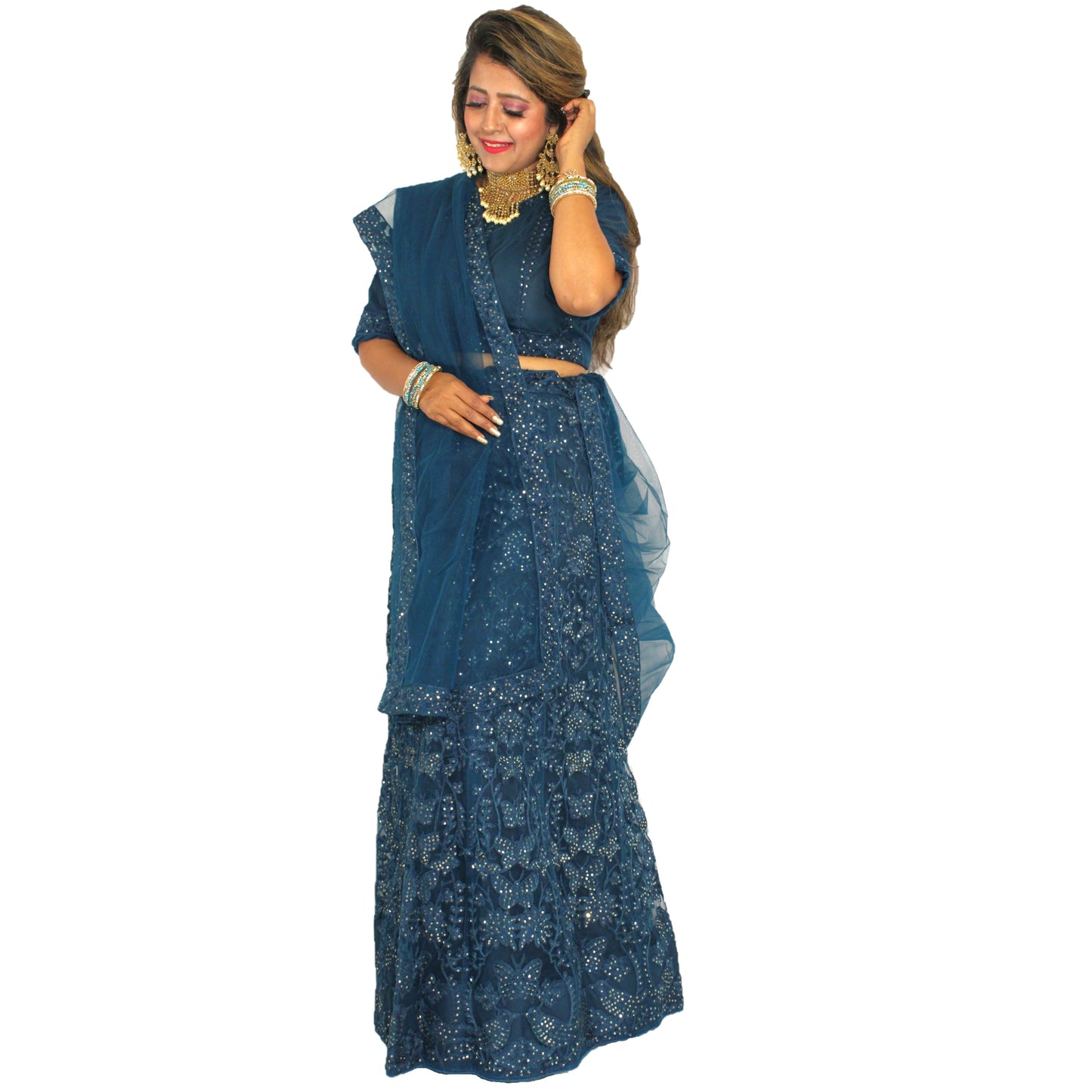 Maharani's Designer Silk & Net Lehenga - Turquoise Blue (M/L)