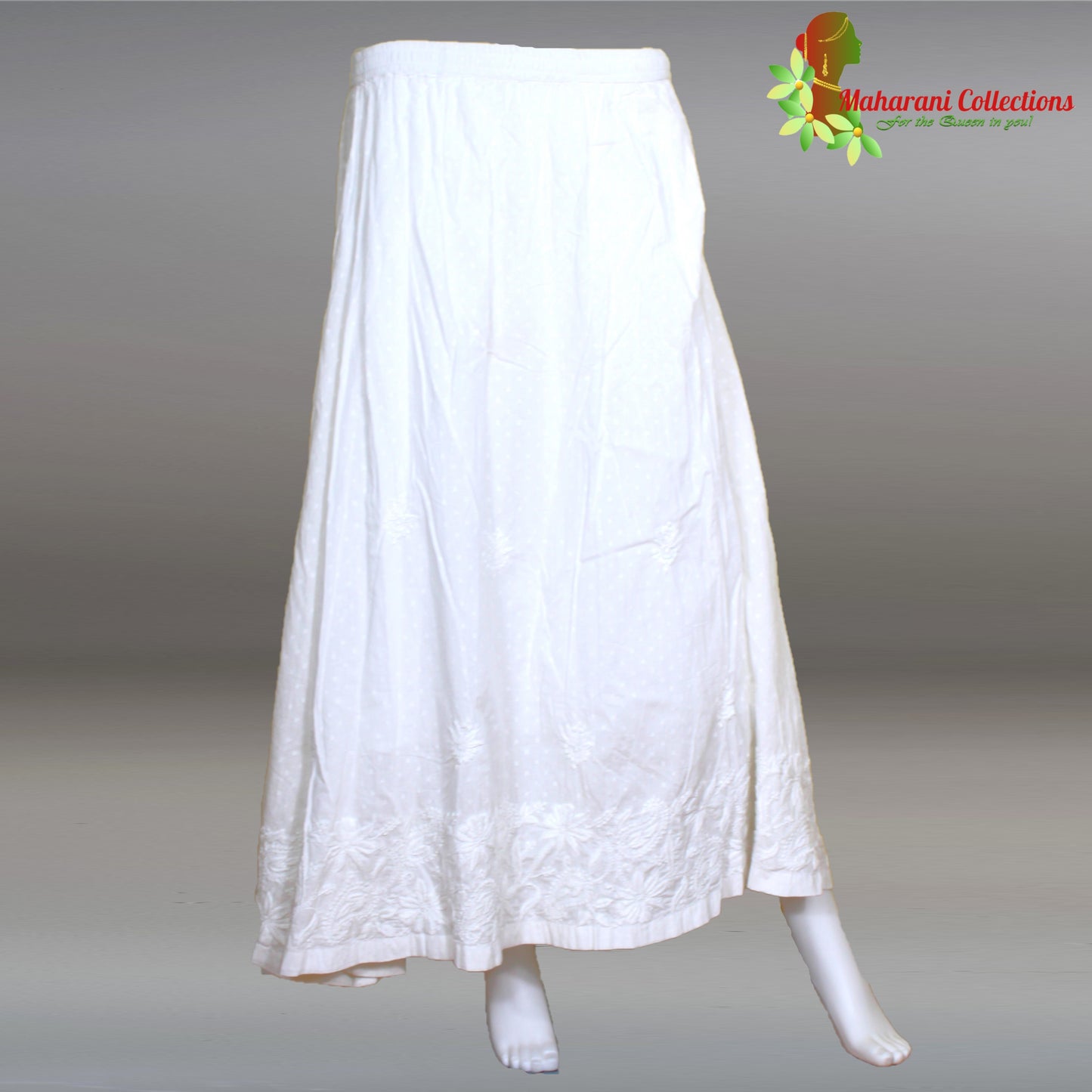 Maharani's Lucknowi Chikankari Long Skirt - White (M) - Pure Cotton