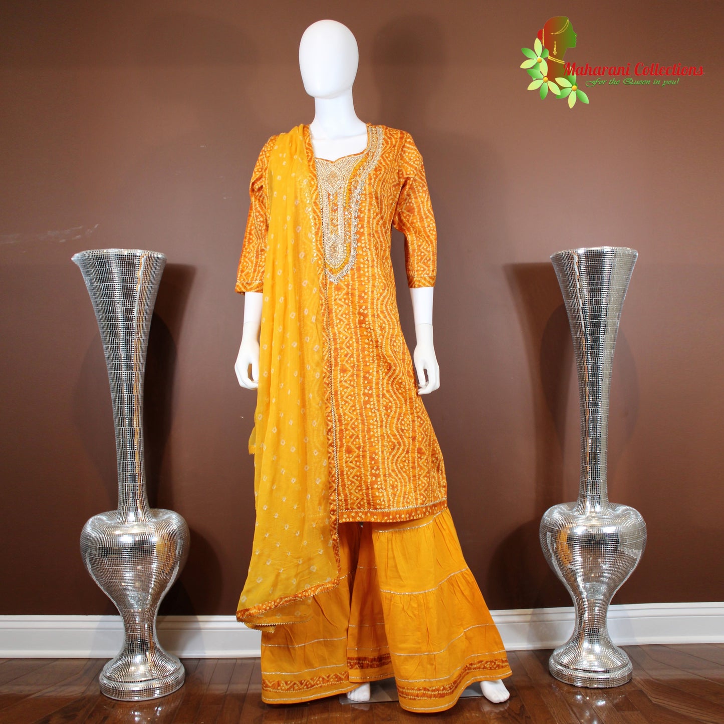 Maharani's Sharara Suit - Yellow (L) - Pure Muslin Silk