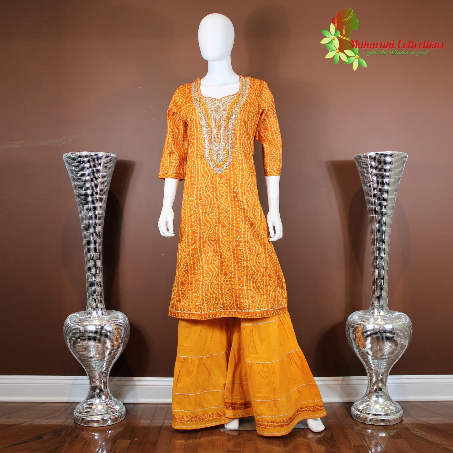 Maharani's Sharara Suit - Yellow (L) - Pure Muslin Silk