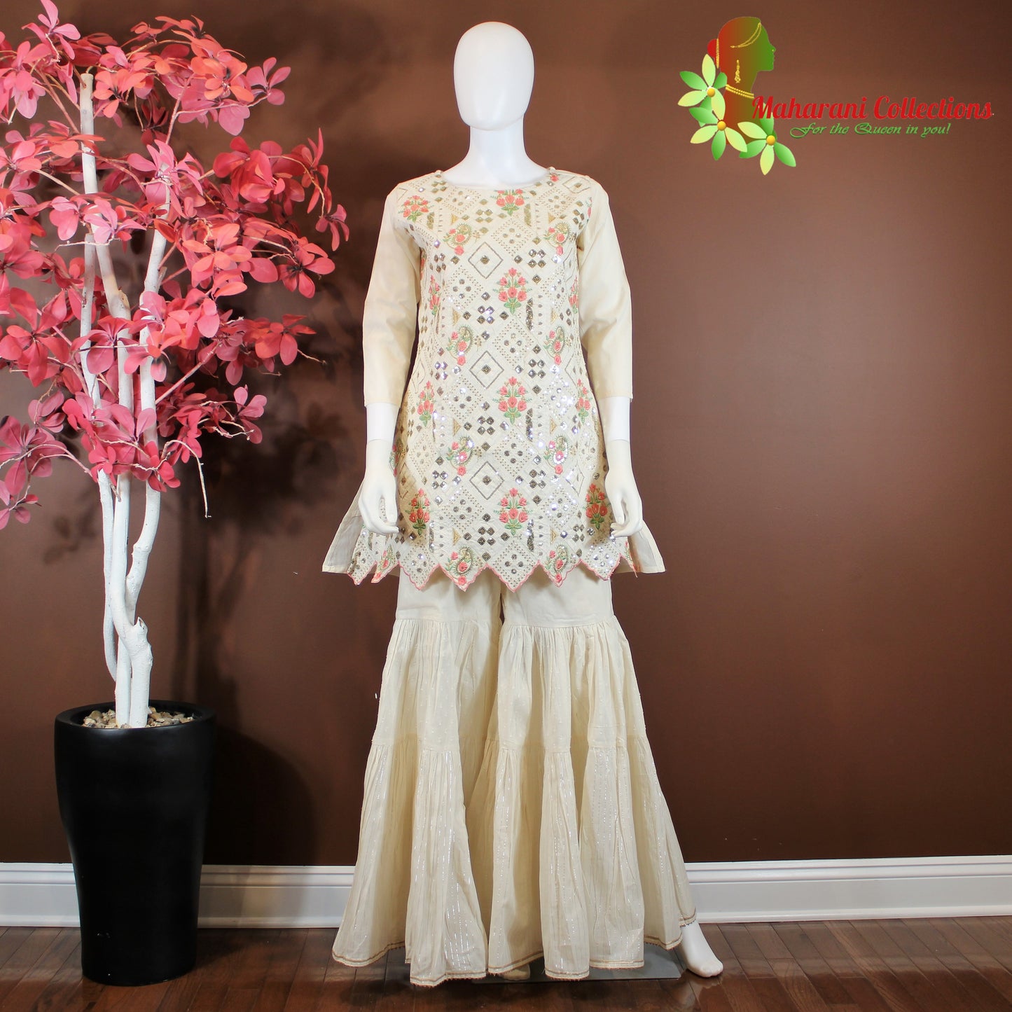 Maharani's Sharara Suit - Cream (L) - Pure Cotton