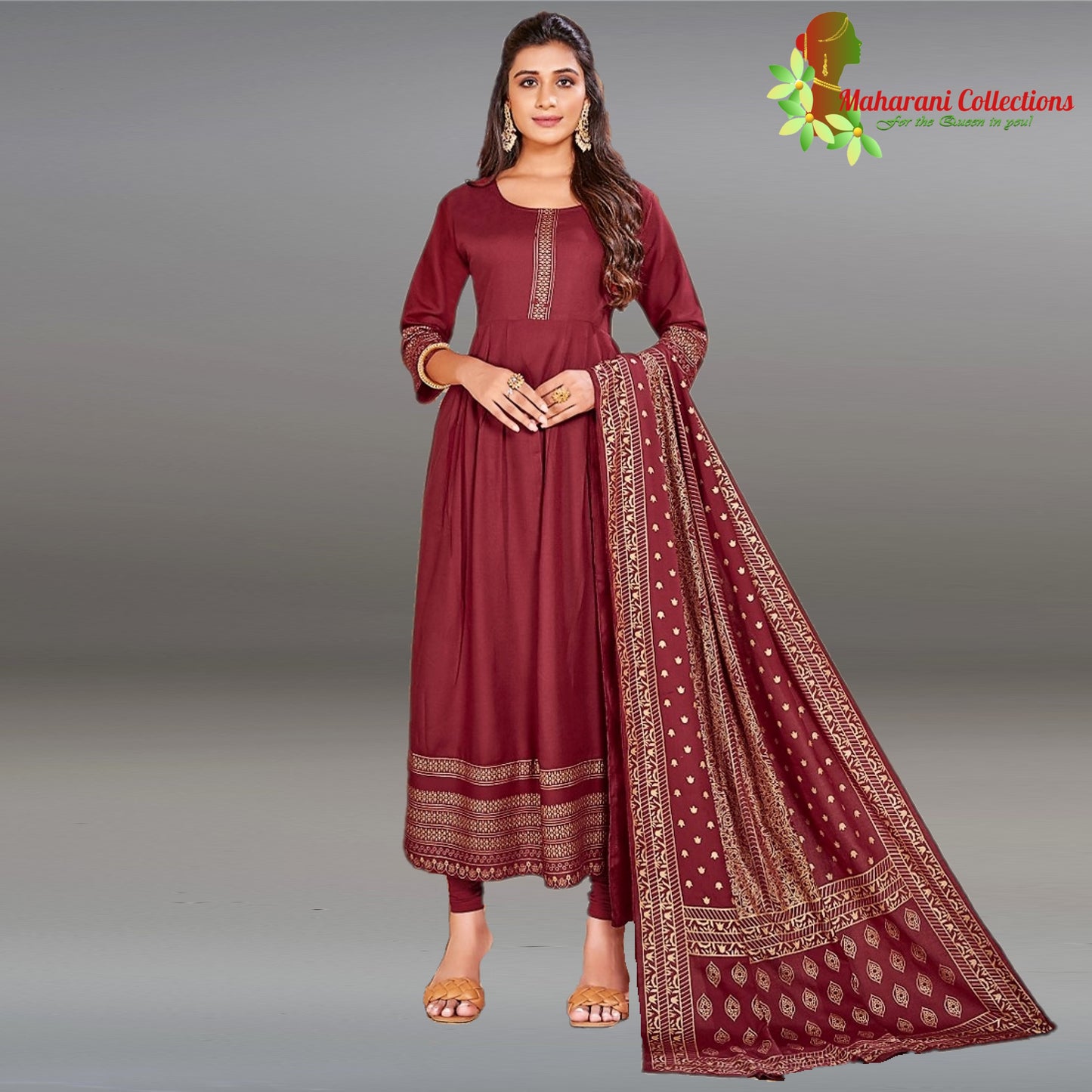 Maharani's Designer Anarkali Suit - Maroon (XL) - Muslin Silk