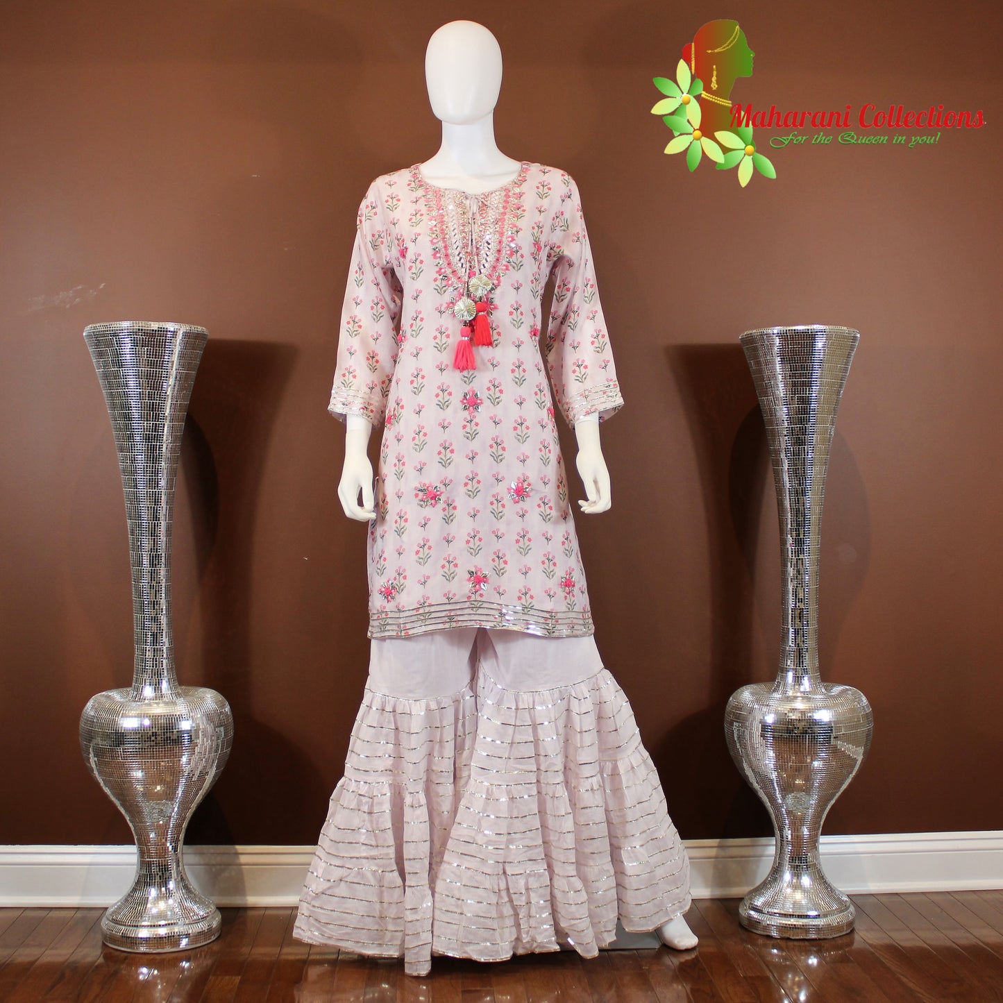 Maharani's Sharara Suit - Light Pink (L) - Pure Muslin Silk