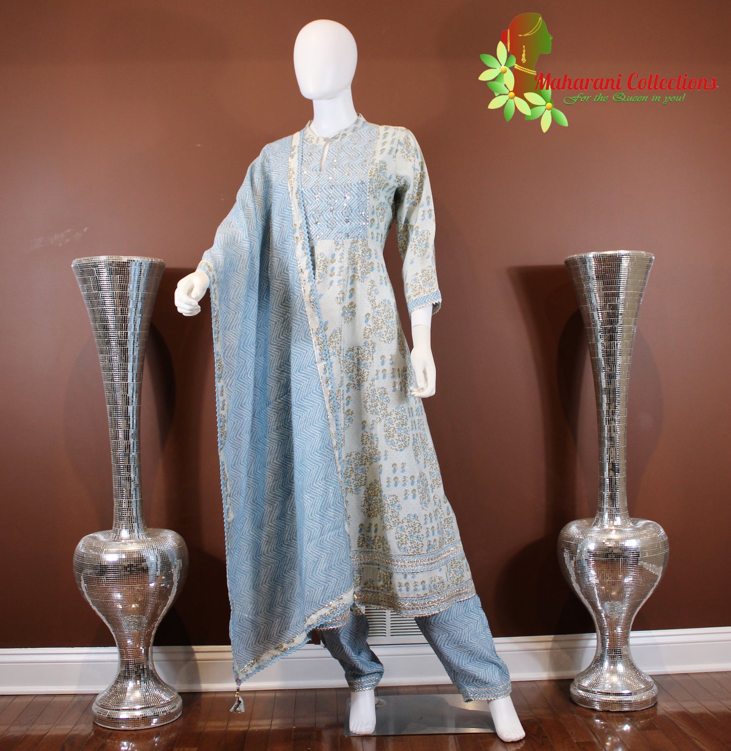 Maharani's Anarkali Suit - Light Blue (M) - Pure Muslin Silk