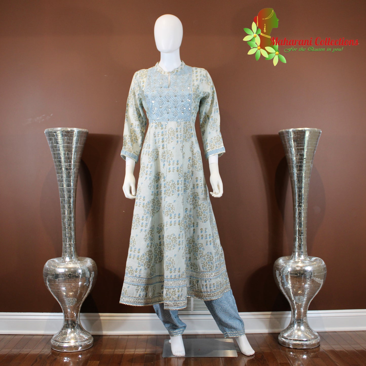 Maharani's Anarkali Suit - Light Blue (L) - Pure Muslin Silk