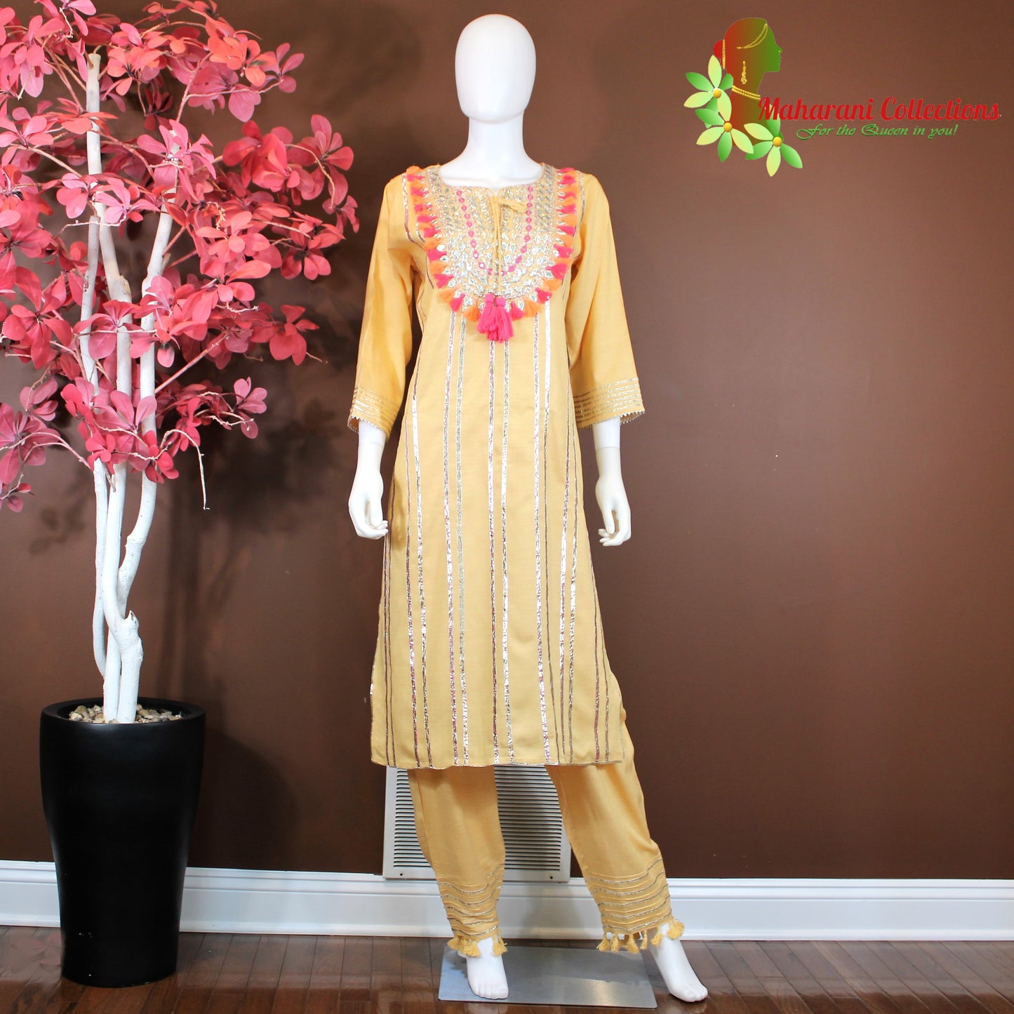 Maharani's Suit with Pants and Dupatta - Yellow (L) - Pure Muslin Silk