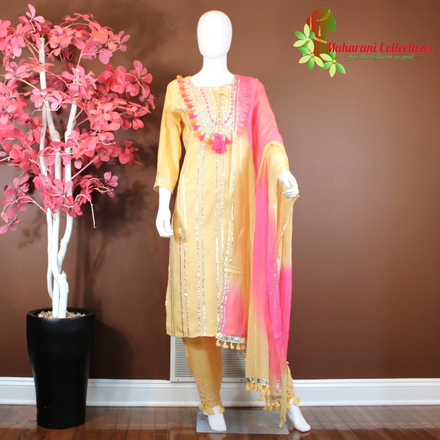 Maharani's Suit with Pants and Dupatta - Yellow (L) - Pure Muslin Silk