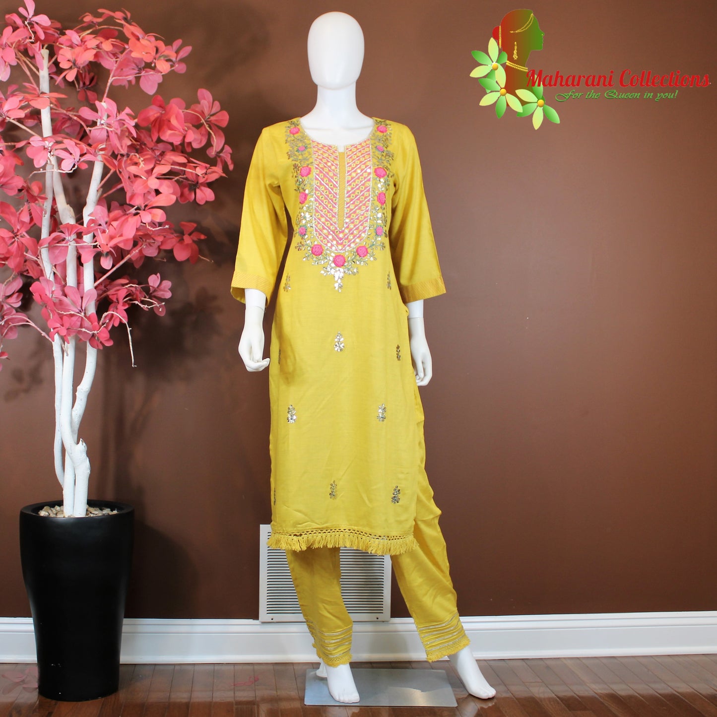 Maharani's Suit with Pants and Dupatta - Yellow (M) - Pure Muslin Silk