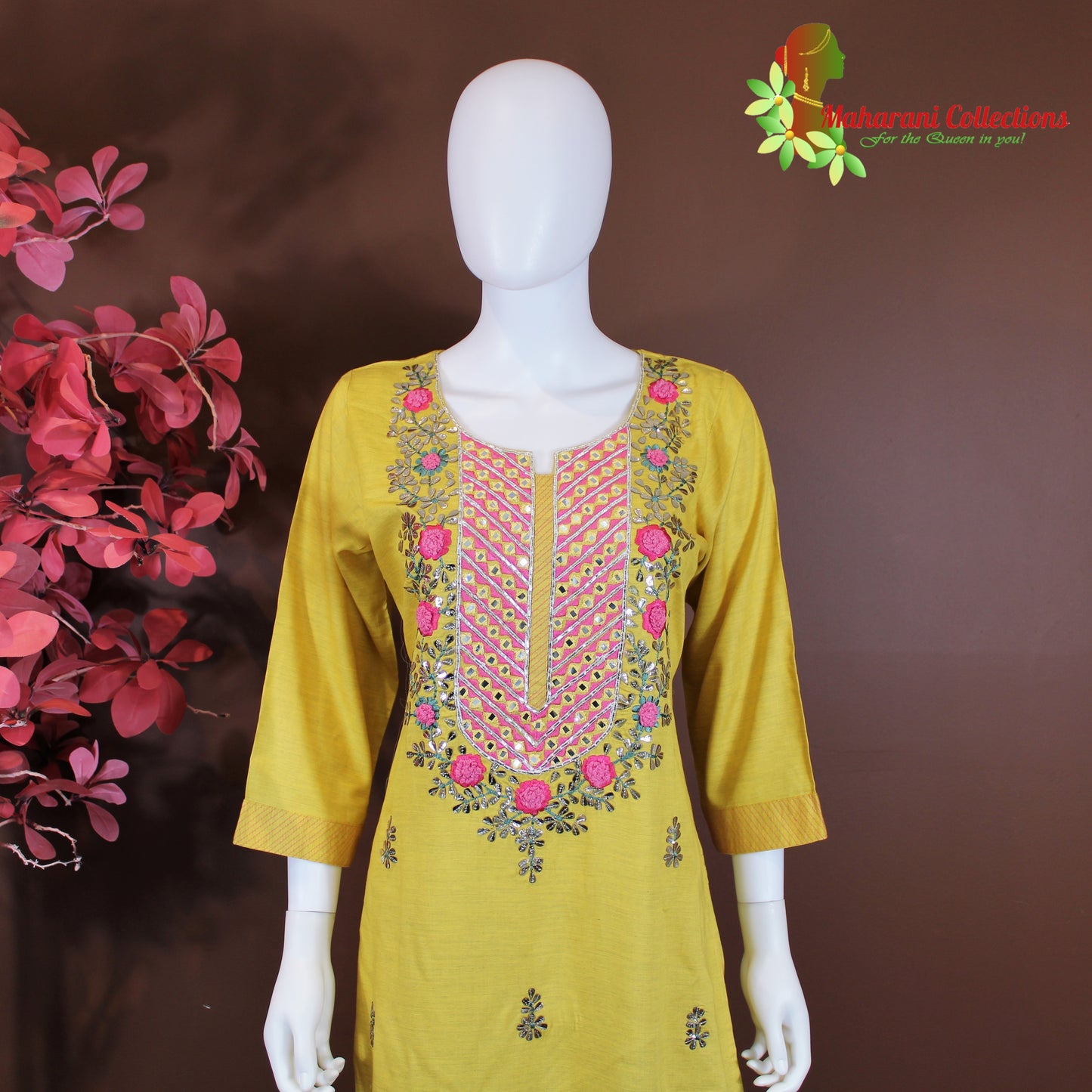 Maharani's Suit with Pants and Dupatta - Yellow (M) - Pure Muslin Silk