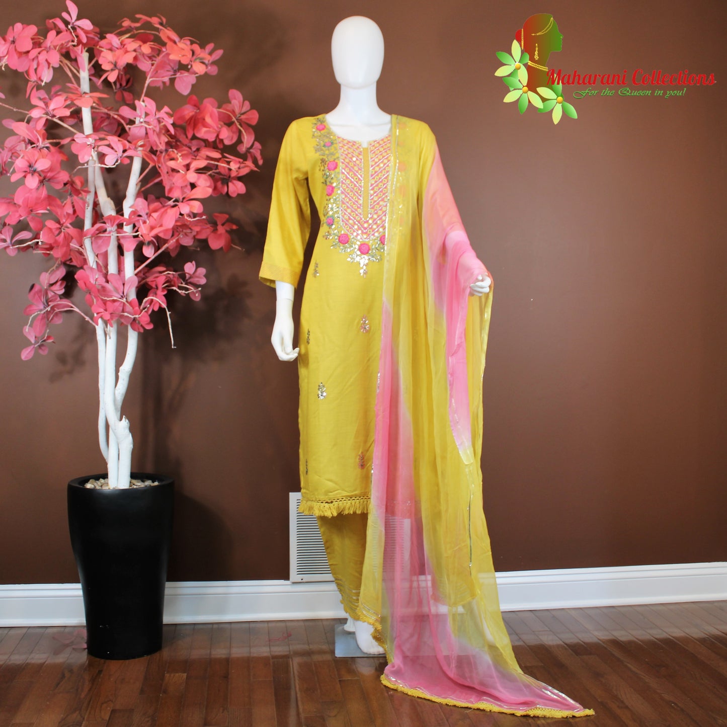 Maharani's Suit with Pants and Dupatta - Yellow (M) - Pure Muslin Silk