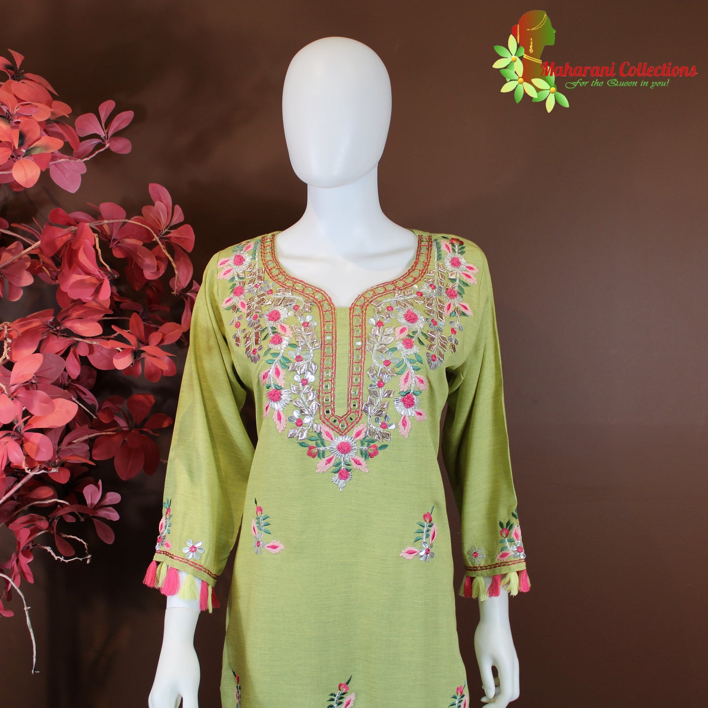 Maharani's Suit with Pants and Dupatta - pistachio (M) - Pure Muslin Silk