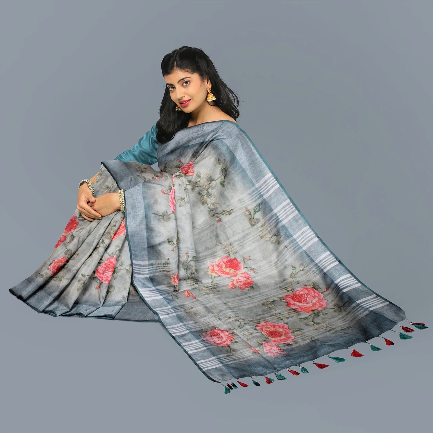 Pure Handloom Linen Silk (Matka) Saree -  Dark Sea Green (with stitched blouse and petticoat)