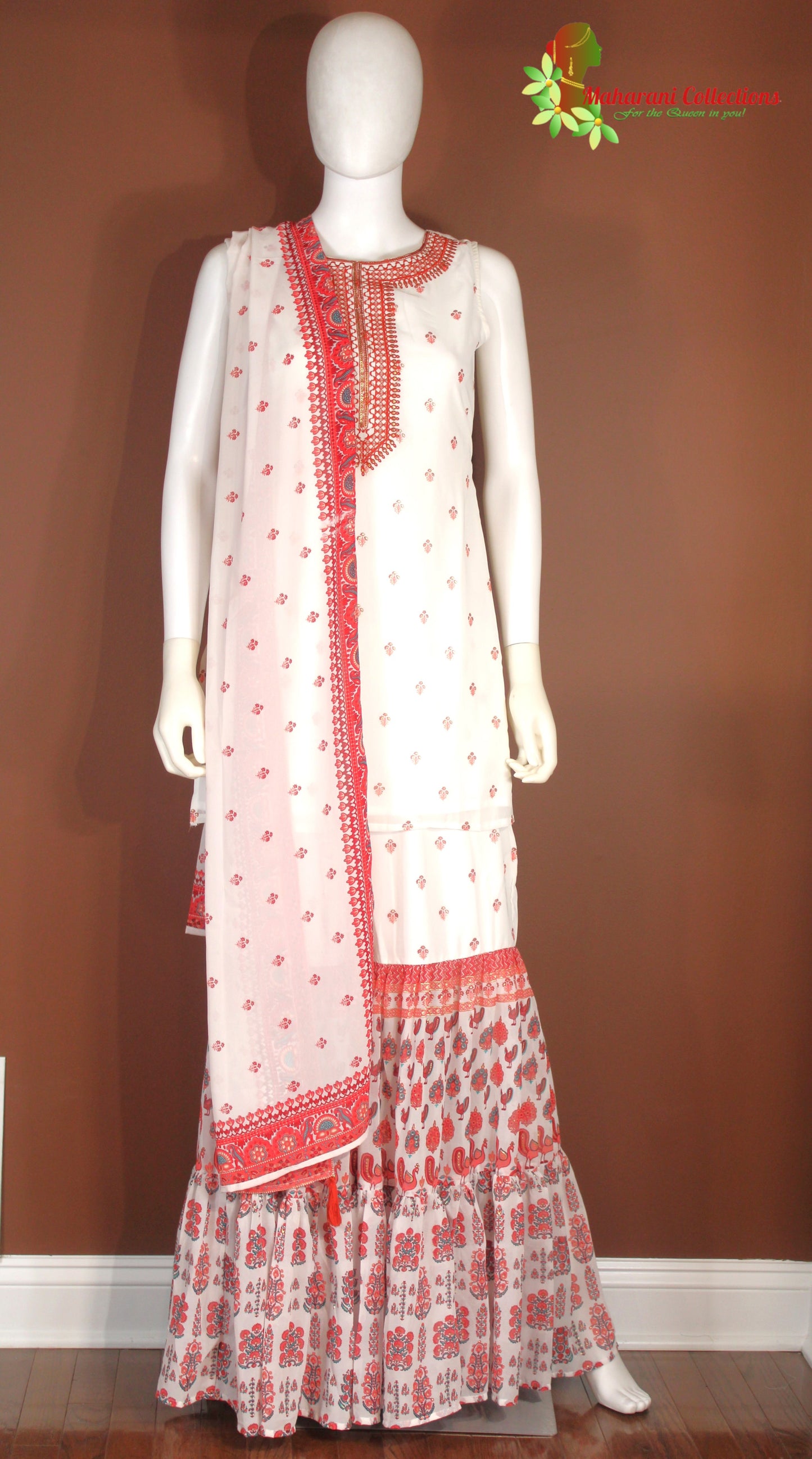 Maharani's Sharara Suit - Georgette - White and Maroon (XS, S, M, L)