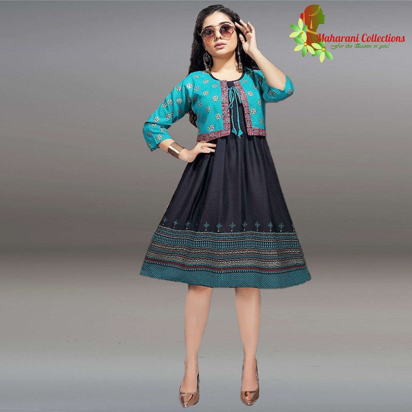 Maharani's Designer Short Dress - Navy Blue (M) - Rayon and Cotton