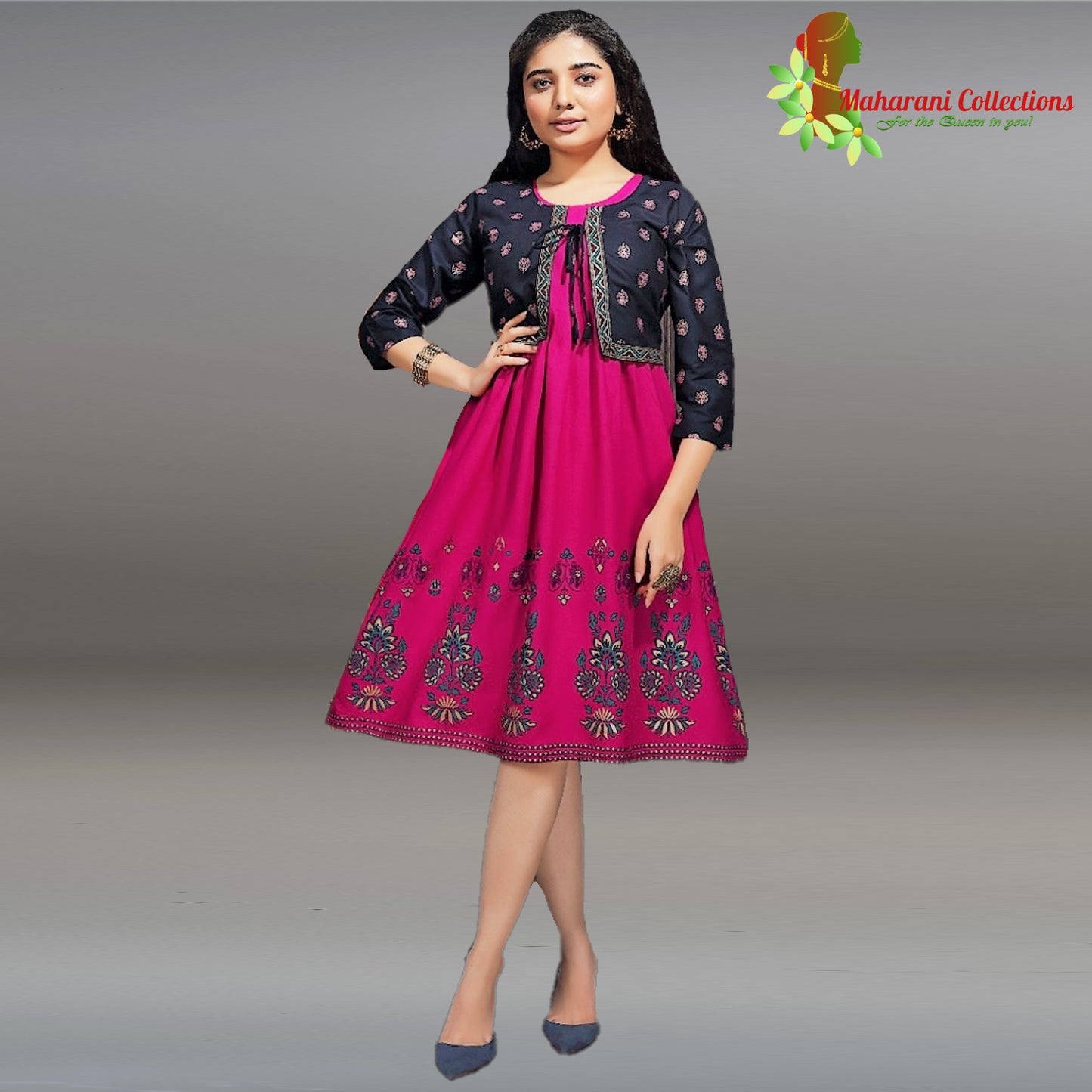 Maharani's Designer Short Dress - Pink (M) - Rayon and Cotton